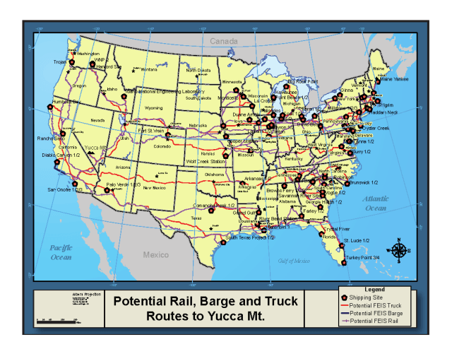 Potential Rail, Barge and Truck Routes to Yucca Mountain, 2002