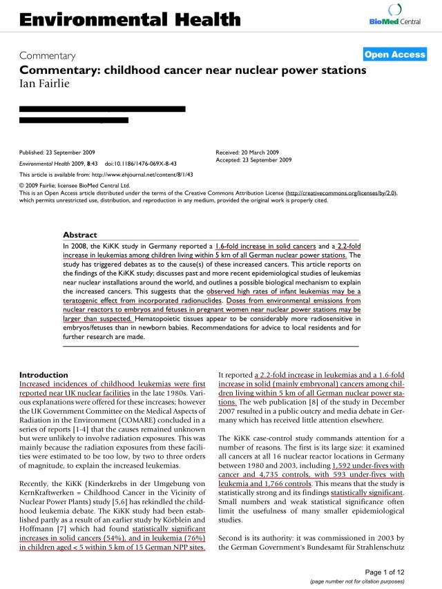Commentary: childhood cancer near nuclear power stations Ian Fairlie © 2009 Fairlie; licensee BioMed Central Ltd.  p. 1