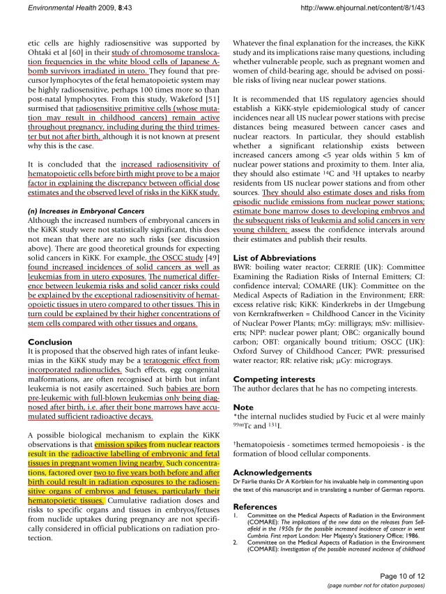 Commentary: childhood cancer near nuclear power stations Ian Fairlie © 2009 Fairlie; licensee BioMed Central Ltd. , p. 10